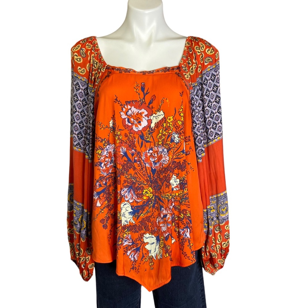 FREE PEOPLE Positano Peasant Blouse Off the Shoulder Orange Boho Size Medium